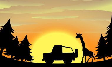 Zürafa ve jeep ile doğa manzara siluet