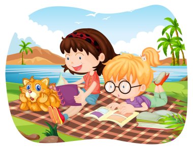 Girls reading books by the lake clipart