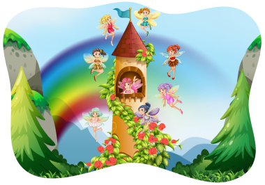 Fairies flying around the castle clipart