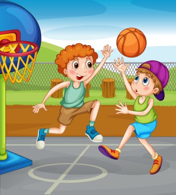 Two boys playing basketball outside clipart