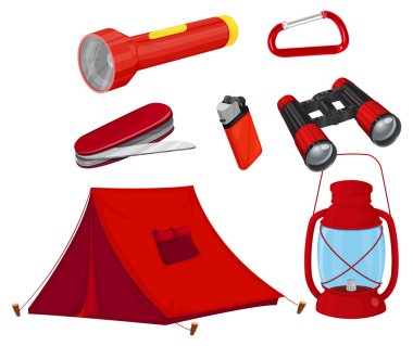 Camping equipments in red color clipart