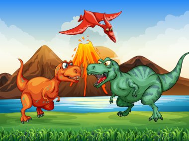Dinosaurs fighting in the field clipart