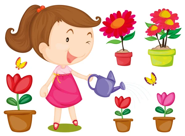 Маленька дівчинка поливає квіти — стоковий вектор