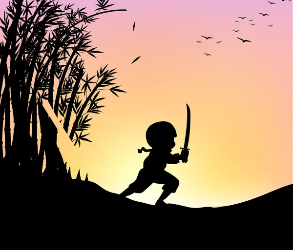 Silhouette ninja cutting bamboo with sword — Stock Vector