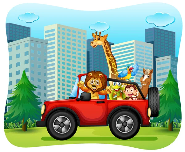 Wild animals riding on red jeep — Stock Vector