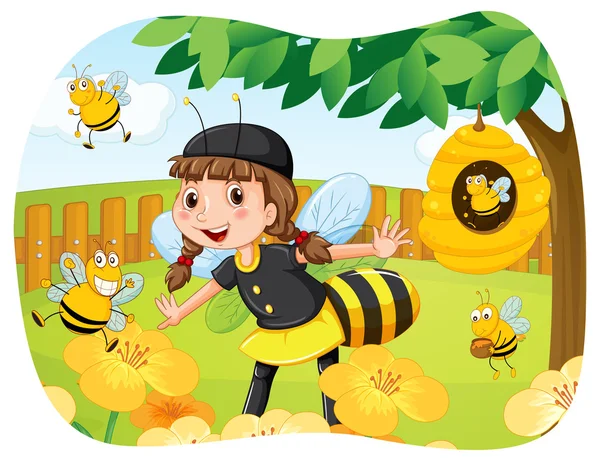 在公园里玩的蜜蜂服装的女孩 — 图库矢量图片