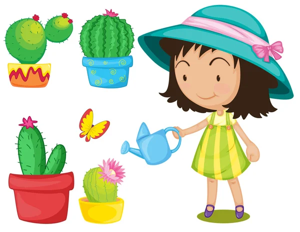 Gardening set with girl watering plants — Stock Vector