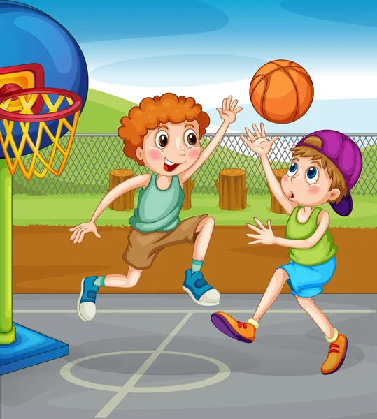 Dos chicos jugando baloncesto afuera — Vector de stock