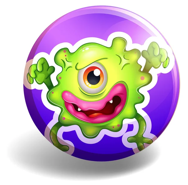 Green monster on purple badge — Stock Vector