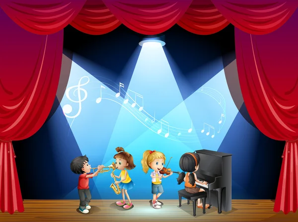 Children playing musical instrument on stage — Stock Vector