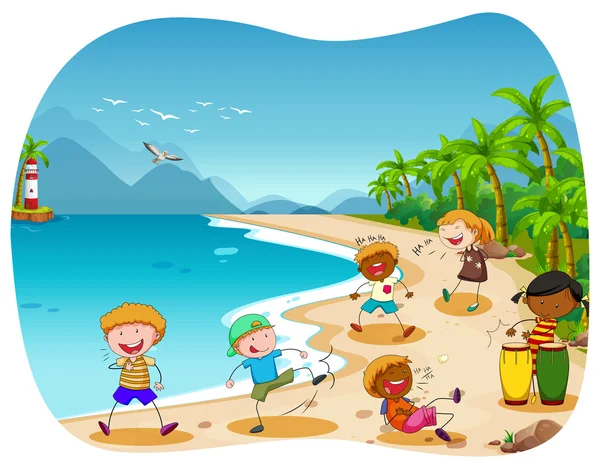 Crianças brincando na praia — Vetor de Stock