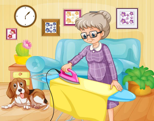 Alte Frau bügelt Kleidung in einem Zimmer — Stockvektor