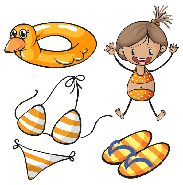 Fille en bikini et ensemble de plage — Image vectorielle