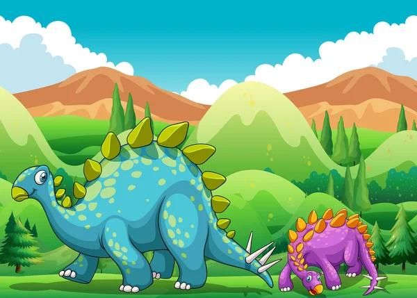 Jolis dinosaures marchant sur le terrain — Image vectorielle