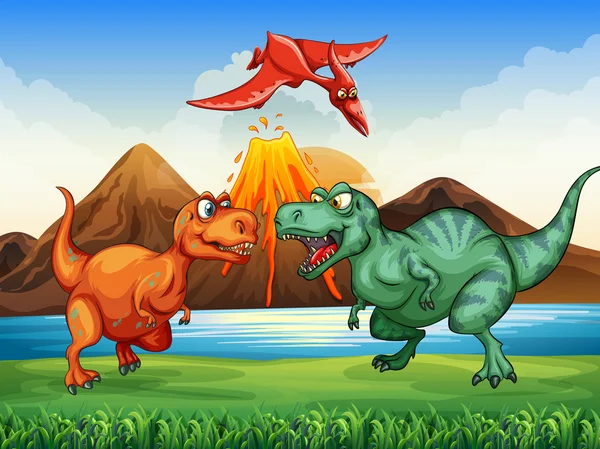 Dinosaurios luchando en el campo — Vector de stock