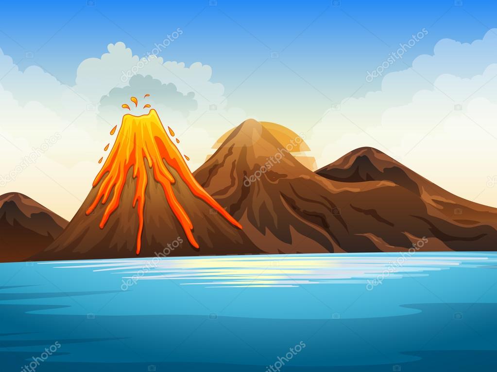 Volcano eruption by the lake