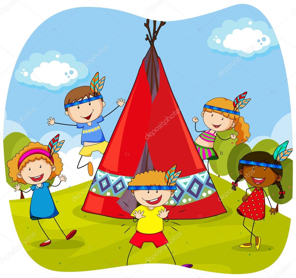 Children playing indians by the teepee