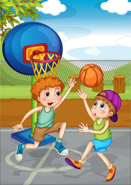 Zwei Jungen spielen draußen Basketball — Stockvektor