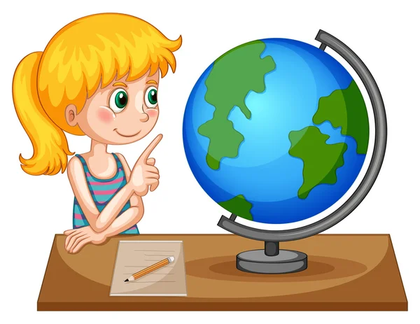 Girl looking at globe on the table — Stock Vector