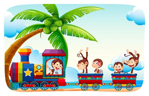 Monkeys sitting on a train at beach side — Stock Vector