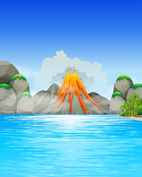 Erupción del volcán junto al lago — Vector de stock