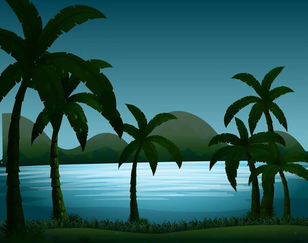 Силуэт природы с кокосовыми пальмами — стоковый вектор
