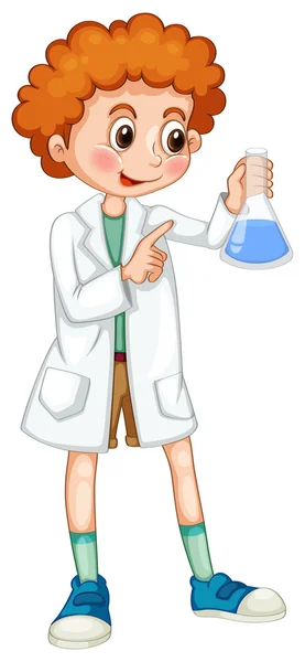 Boy in white coat holding beaker — Stock Vector