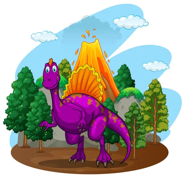 Dinosaure violet avec volcan derrière — Image vectorielle