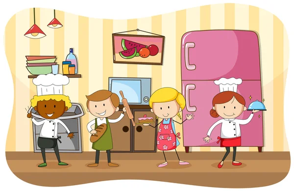 Panaderos y chef trabajando en la cocina — Vector de stock