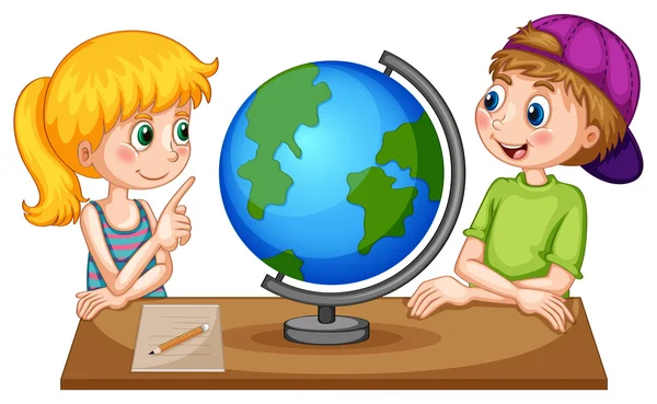 Children looking at globe on the table — Stock Vector