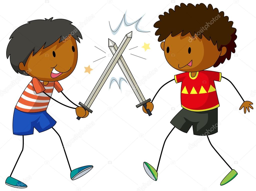 Two boys fighting with swords