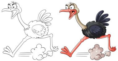 Energetic cartoon ostrich running with vibrant colors and dynamic lines, emphasizing motion and excitement.