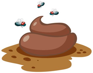 Cartoon vector of brown animal feces with three flies, simple shading, clean outlines, isolated.