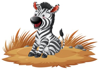 Cartoon baby zebra sitting on savanna grass, bright colors, vector illustration, white background