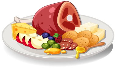 Vector illustration of charcuterie plate with ham, cheese, crackers, fruit, honey, and olives