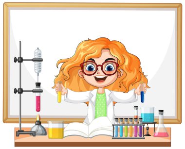 Cartoon red-haired girl scientist in lab coat holding test tubes, surrounded by laboratory glassware.