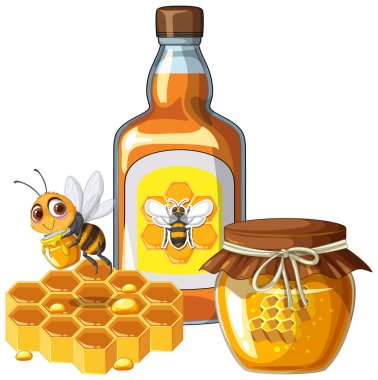 Bright vector illustration of honey bee holding honeycomb with honey jar and bottle on white.