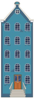 Flat vector illustration of tall blue Dutch canal house, symmetrical windows, front steps, clean lines