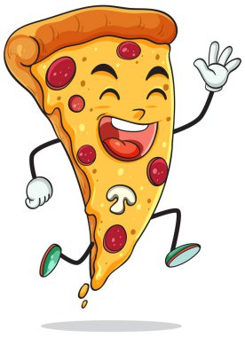 Cheerful cartoon pizza slice character jumping, bright colors, bold outlines, playful vector style