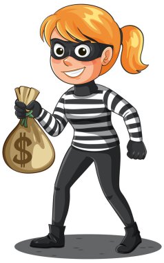 Vector cartoon of masked female thief in striped shirt, holding money bag, white background
