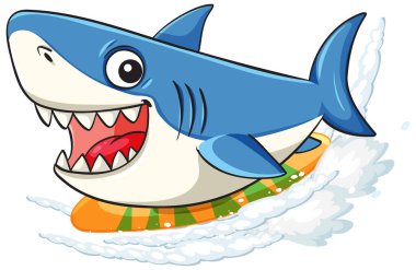 Smiling cartoon shark rides striped surfboard, dynamic water splash, bold outlines, vibrant colors