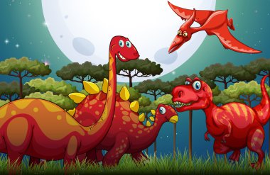 Red dinosuars under full moon in nature vector