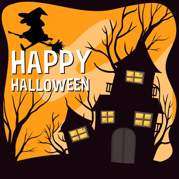 Halloween thema met heks en spookhuis — Stockvector