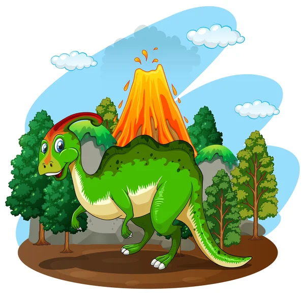 Green dinosaur in the forest — Stock Vector