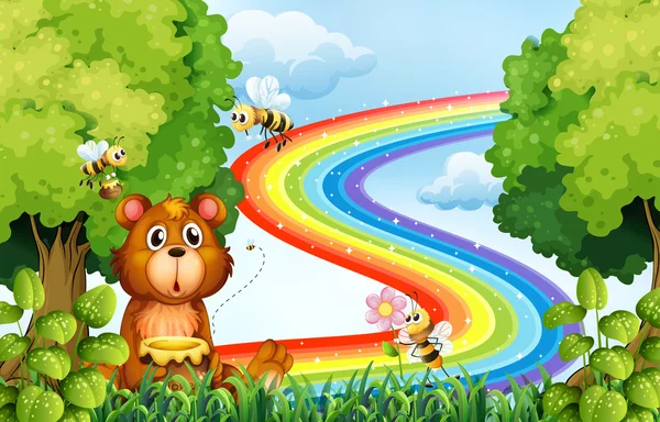 Animais no parque com fundo arco-íris — Vetor de Stock