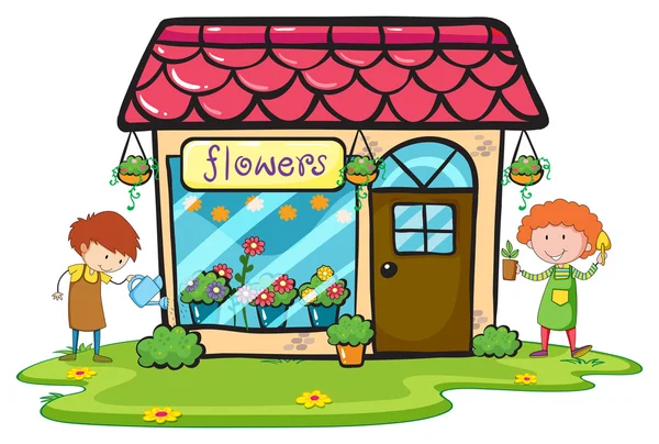 Flower shop with two gardeners working — Stock Vector