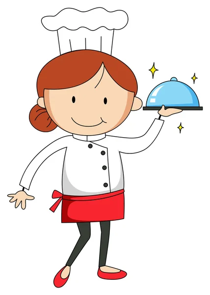 Chef mujer llevando bandeja de comida — Vector de stock