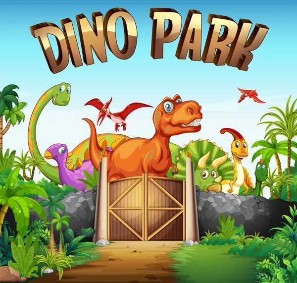 Parque cheio de dinossauros — Vetor de Stock