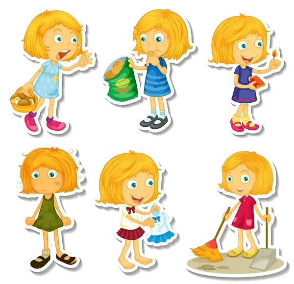 Chica rubia haciendo diferentes actividades — Vector de stock