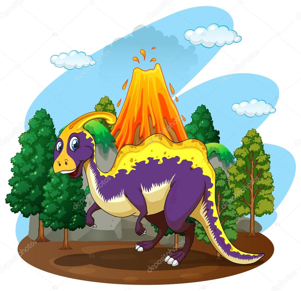 Dinosaur and volcano eruption